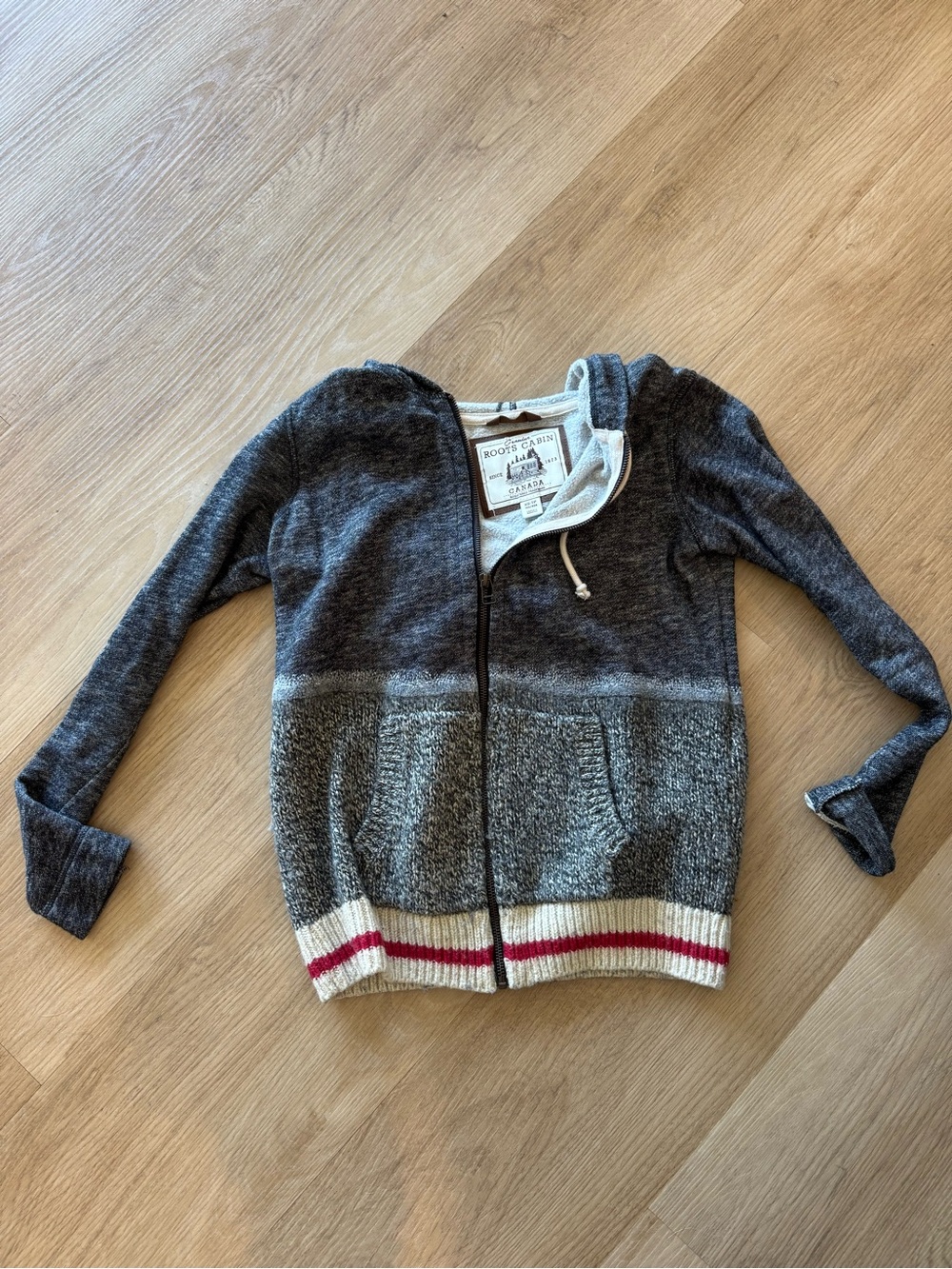 Roots Gray and Cream Zip-Up Sweater with Red Stripe
